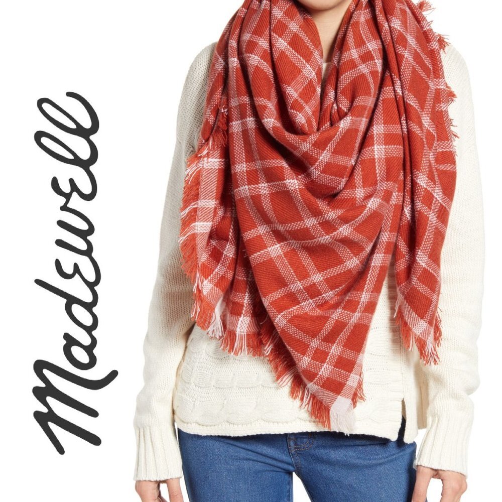 MADEWELL Terracotta & White Plaid Blanket Throw Wrap Scarf 58 x 58 NWT